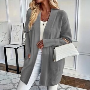 Knit Cardigan Long Sleeve Pockets Open Front Grey